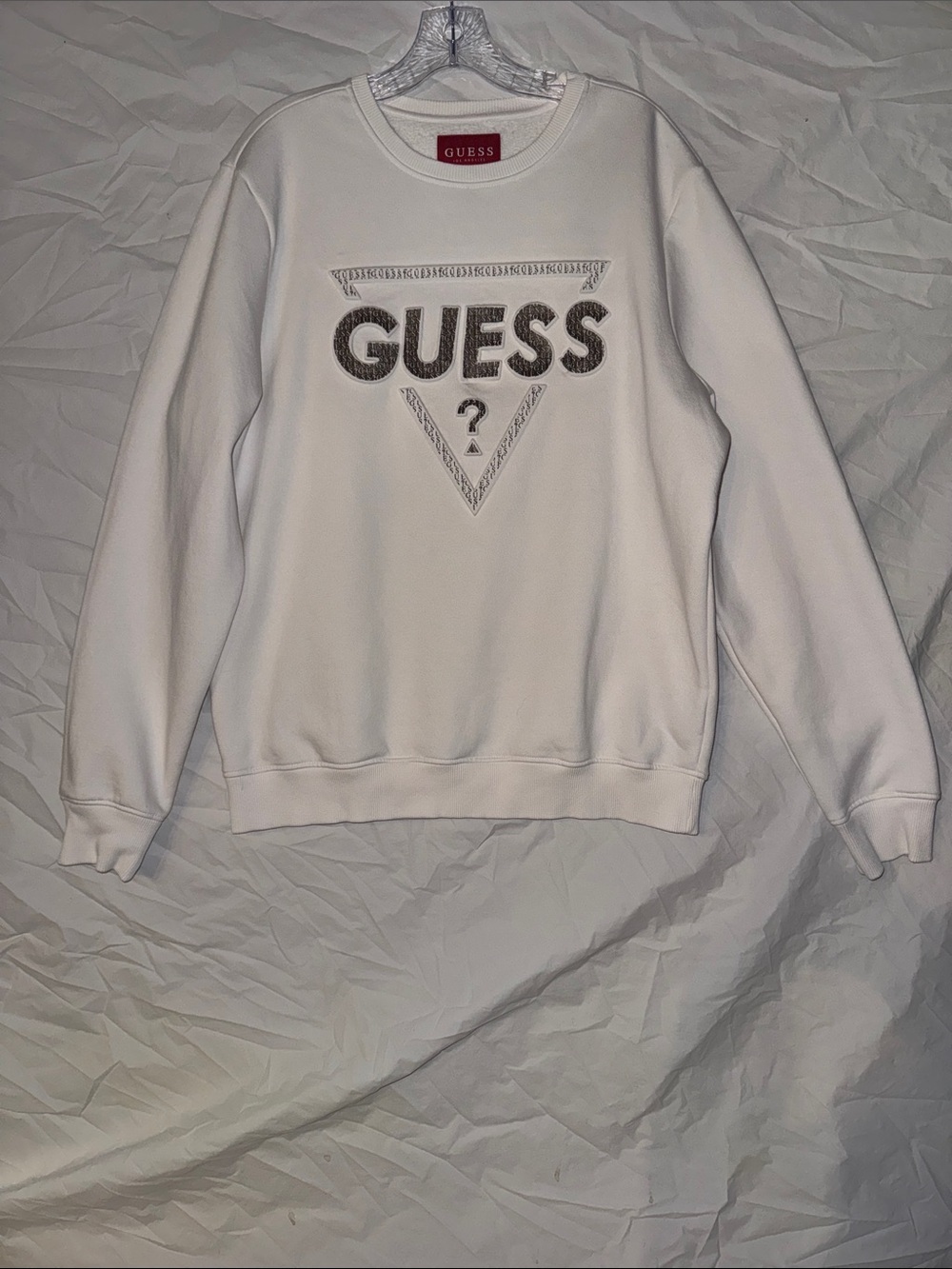 GUESS 90’s Y2K White Crewneck Sweatshirt with Raised Logo Triangle